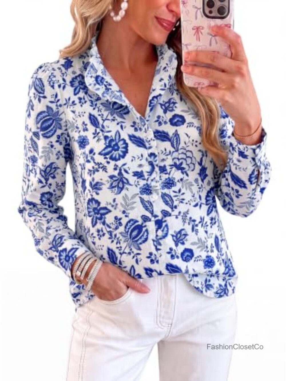 Puff Long Sleeve Ruffle Collar Floral Boho Button-Down Blouse Top